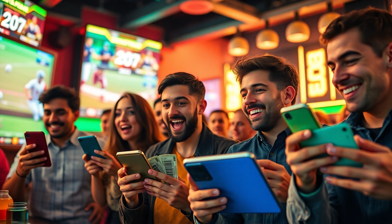 A diverse group of bettors enjoying sports betting on smartphones at bet994.net, surrounded by an energetic atmosphere.