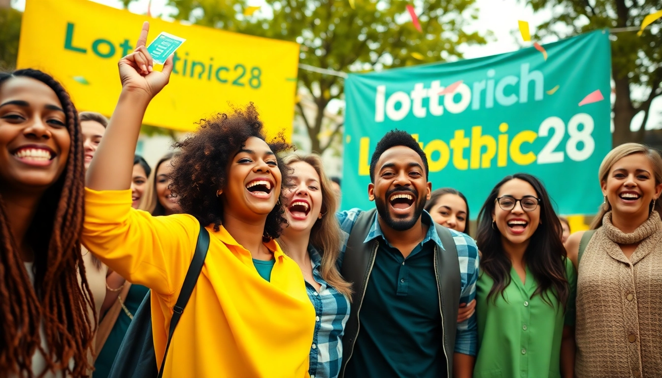 Celebrate your wins at Lottorich28 with joyful players enjoying their lottery success outdoors surrounded by colorful decorations.