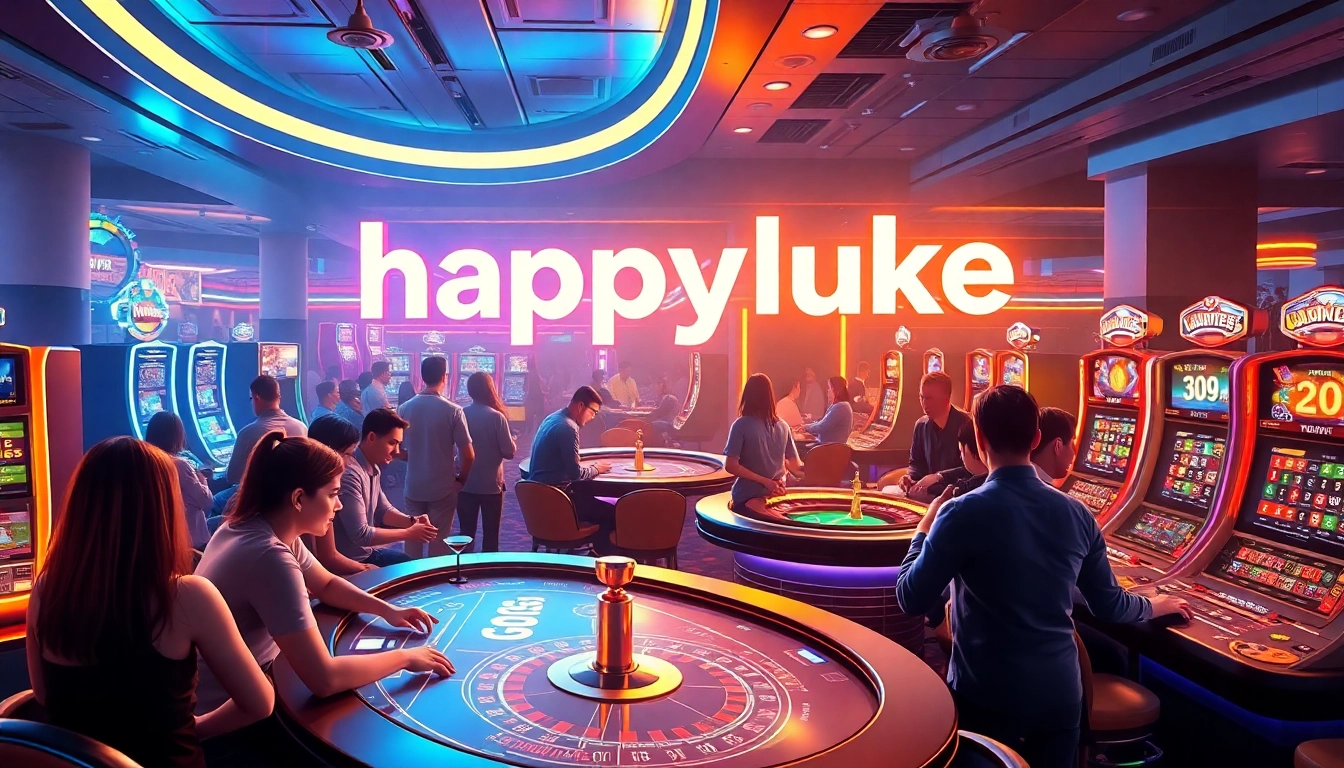 Experience the excitement of HappyLuke with players enjoying games in a lively casino setting.