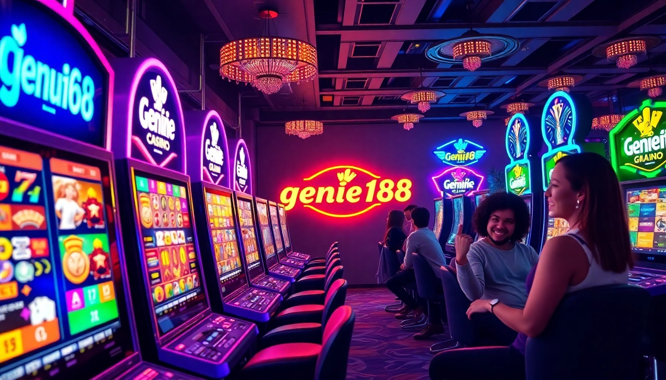 Discover the exciting genie168 experience with vibrant slot machines and joyful players in a lively casino atmosphere.