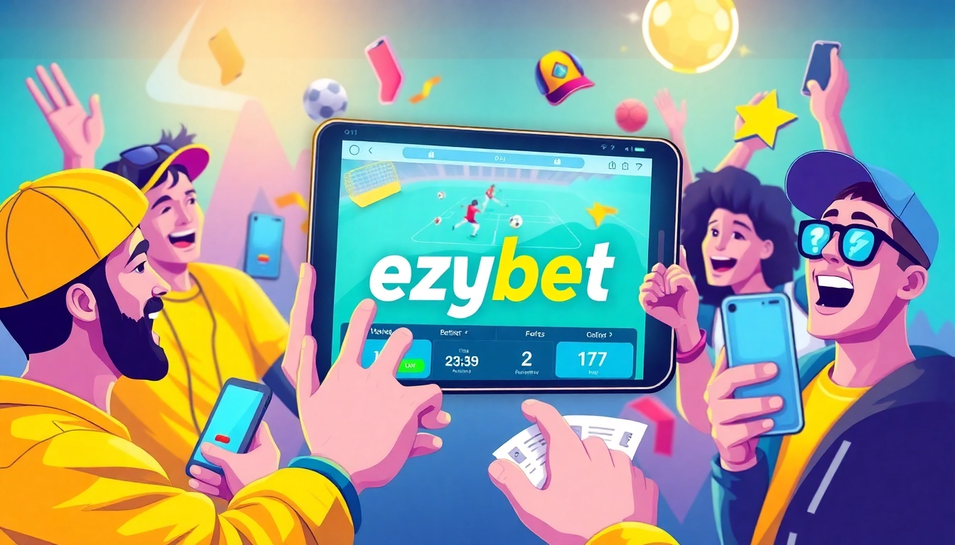 Users engaging in online betting at ezybet with vibrant graphics and sports memorabilia.