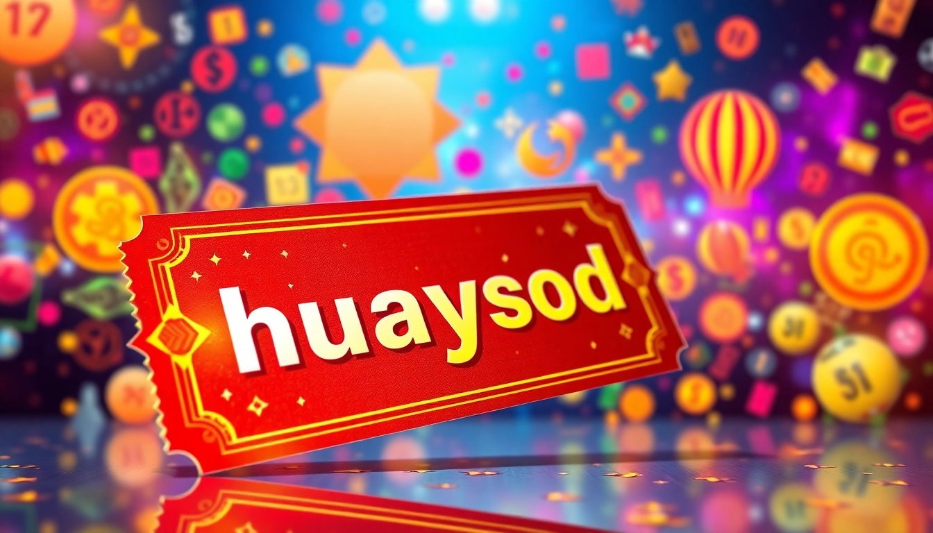 Experience the thrill of huaysod online lottery with vibrant digital ticket designs set against an energetic backdrop.