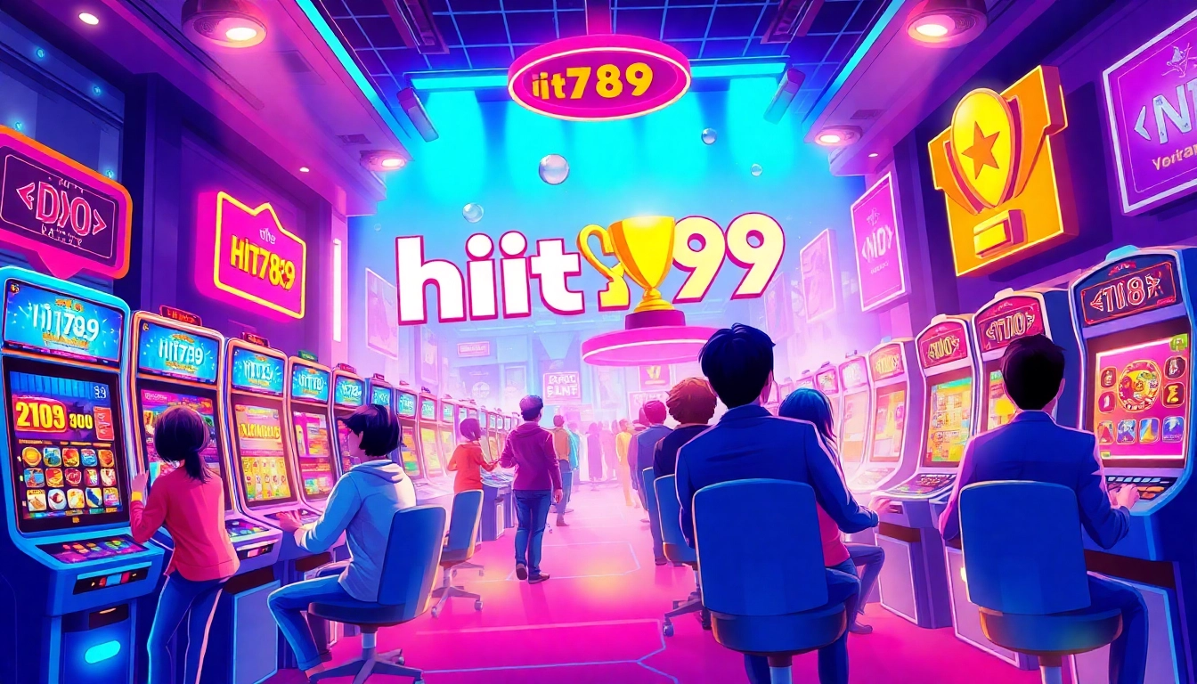 Experience hit789's exciting gaming atmosphere with players enjoying slots and lottery games under vibrant lights.