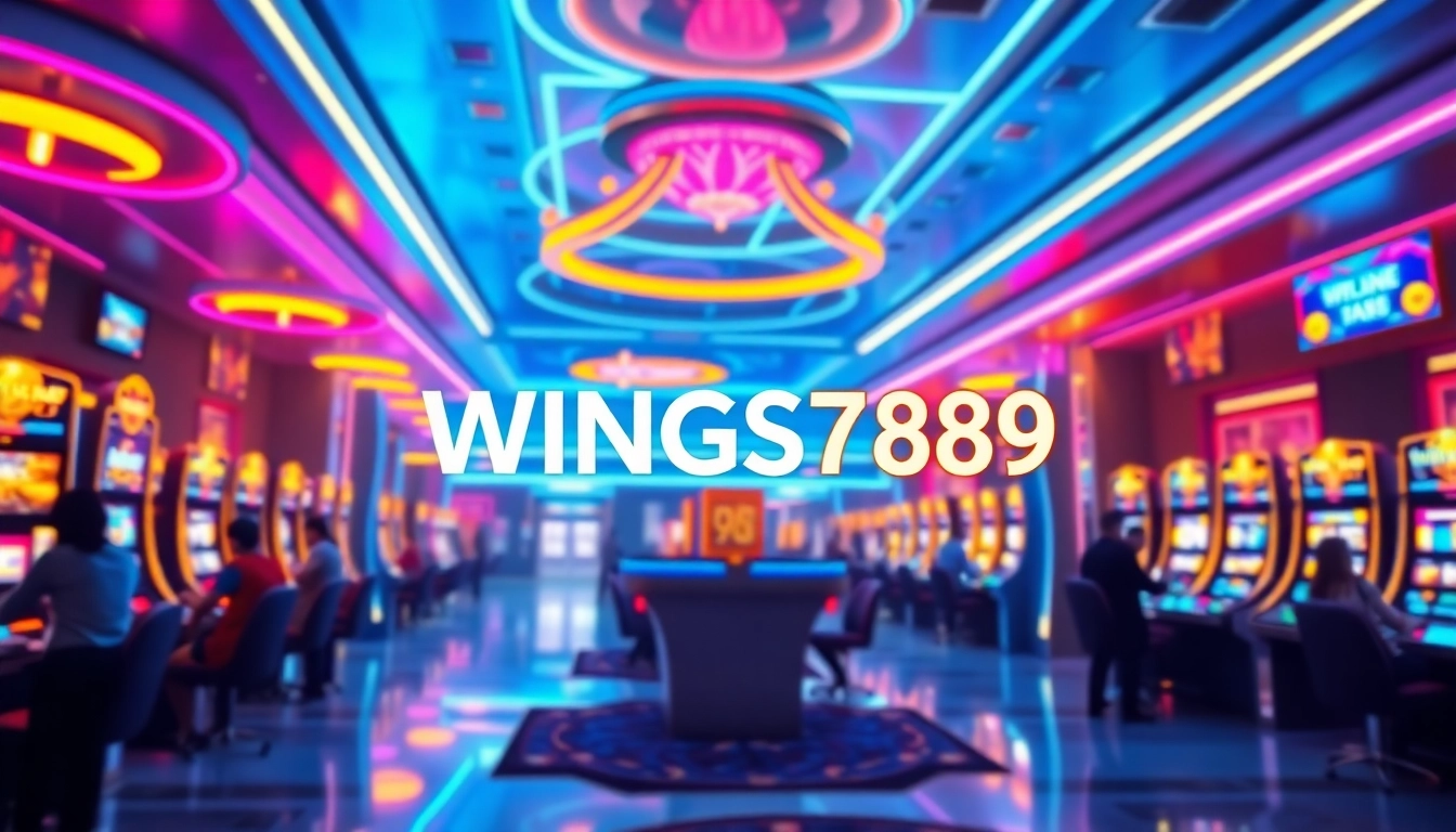 Experience thrilling gameplay at wings789, featuring a vibrant digital casino environment with modern slot machines.