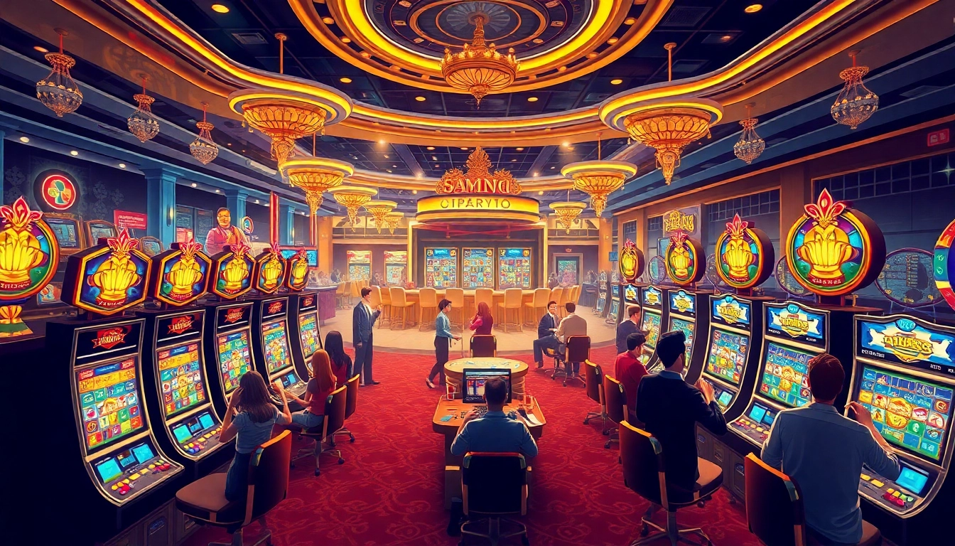 Experience the excitement of som777 with players celebrating big wins at a luxurious casino.