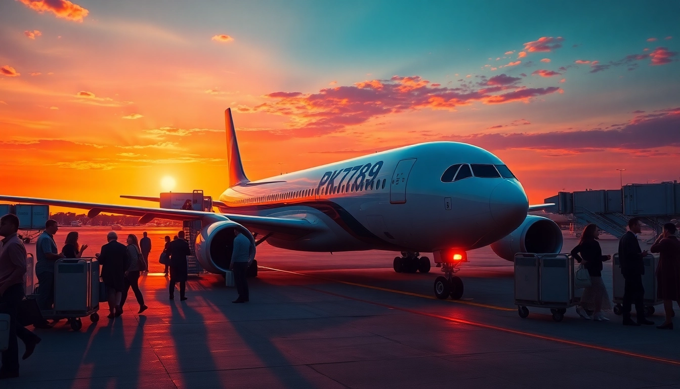 Passengers boarding the PK789 flight under a dramatic sunset at the airport.