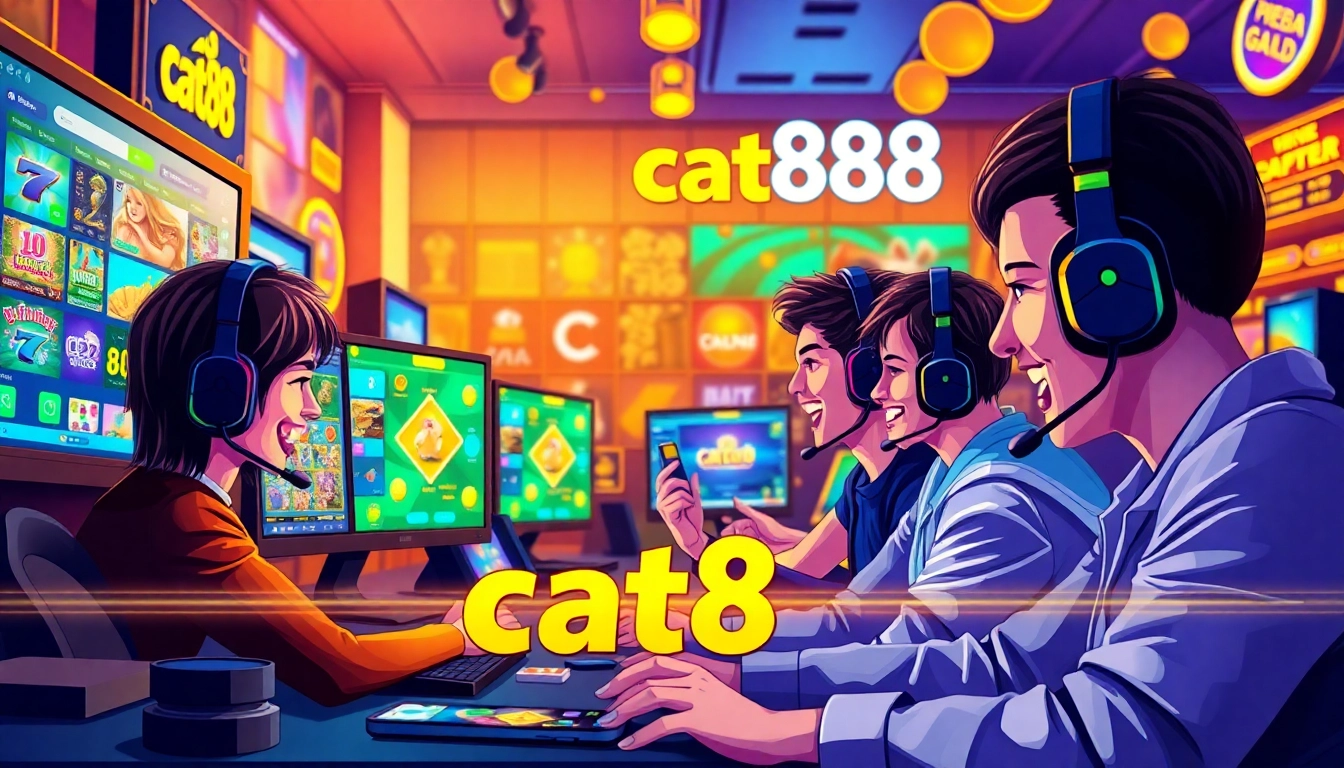 Engaging gamers immersed in thrilling experiences at cat888, featuring vibrant games and a lively atmosphere.