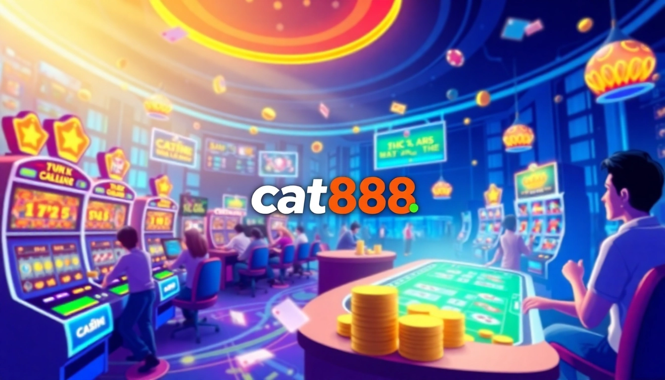 Discover cat888's vibrant online gambling experience with excited players and slot machines.