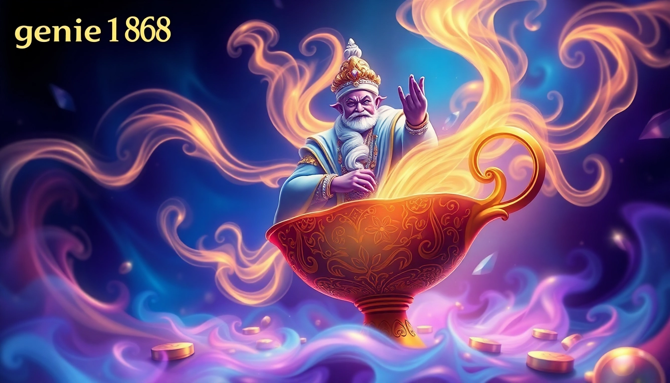 Experience the magic of genie168 as the captivating genie emerges from its lamp, surrounded by vibrant colors.