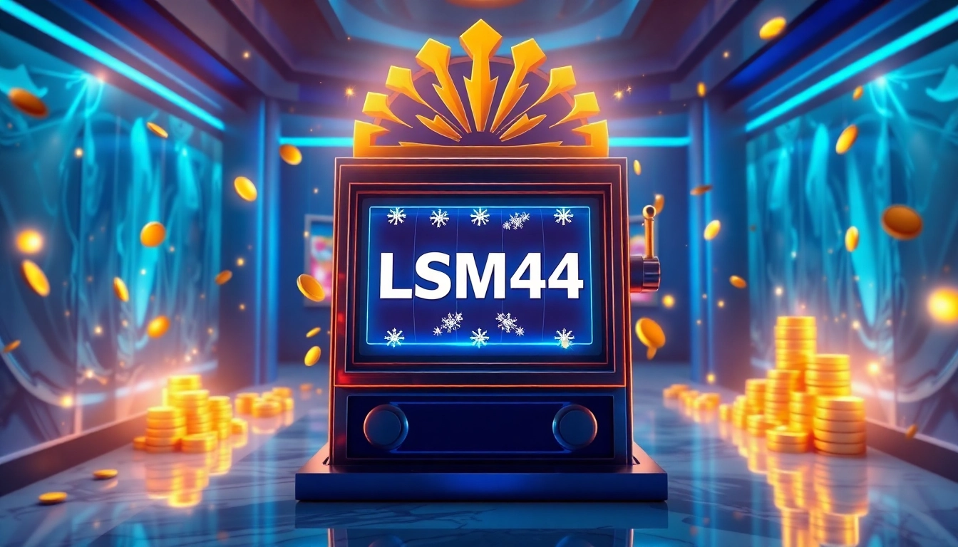 Discover the digital excitement of LSM44 with vibrant slot machines and sparkling coins.