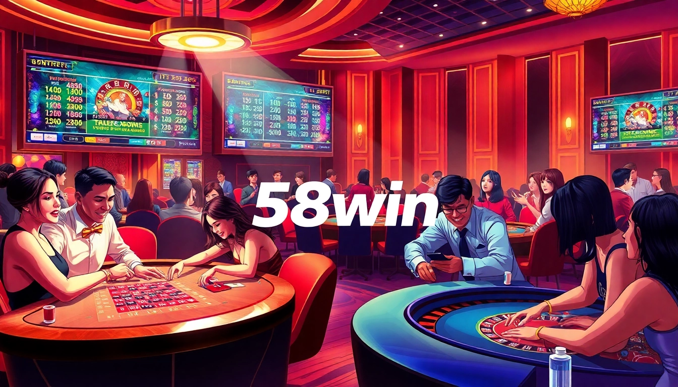 Experience the thrill of 58win with players immersed in a lively casino atmosphere, showcasing excitement and elegance.