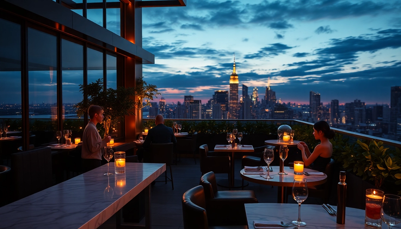 NoHu Rooftop Bar showcases stylish guests enjoying cocktails with breathtaking skyline views.