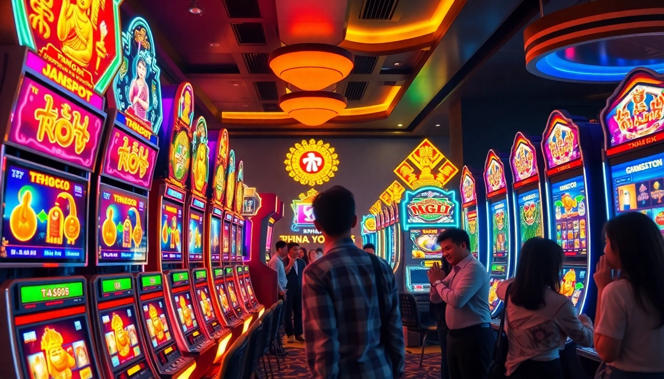 Explore exciting สล็อตออนไลน์ at vibrant slot machines in a bustling Thai casino filled with neon lights.