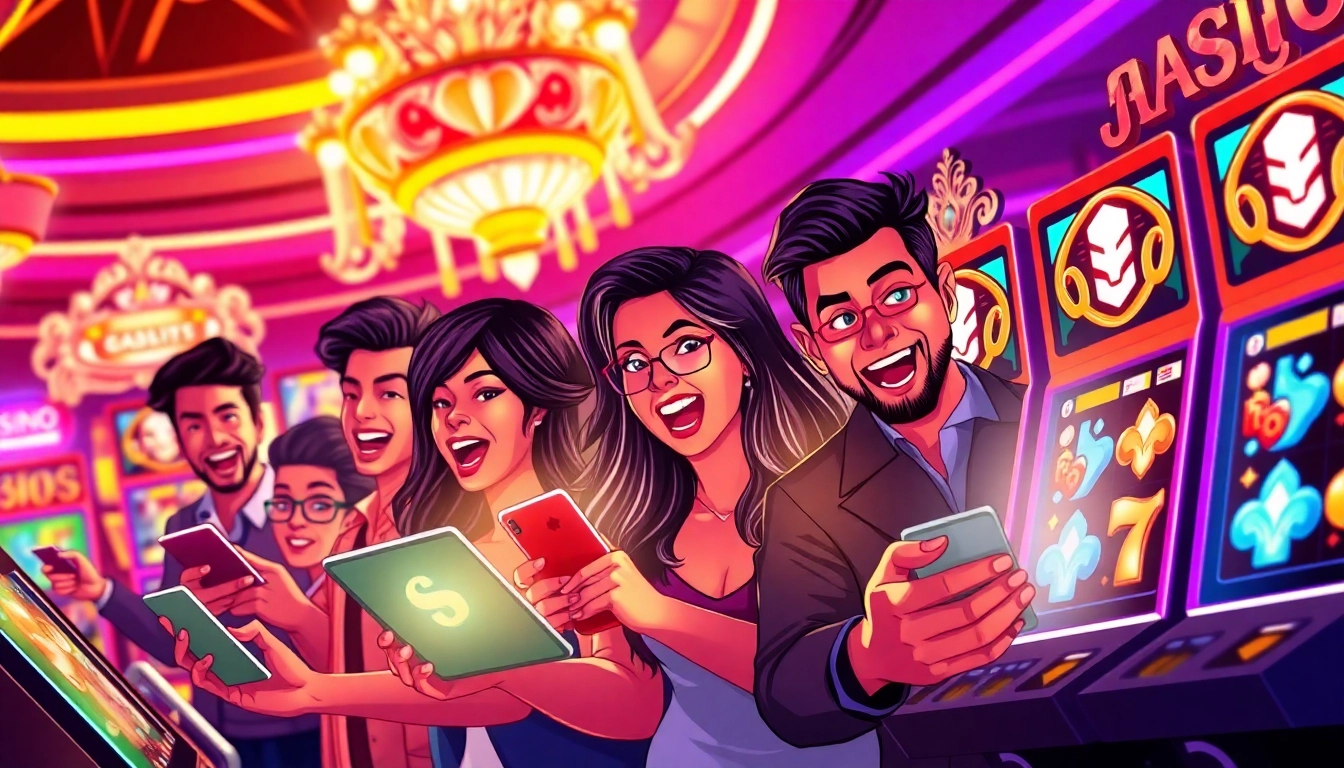 Explore exciting gameplay with pgslot168, showcasing vibrant slot machines and joyful players engaging in thrilling gambling experiences.