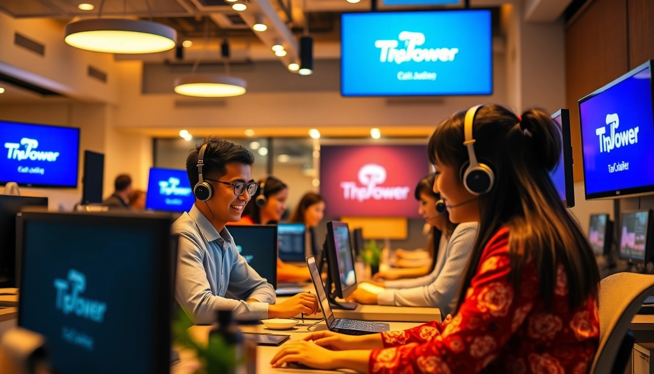 Diverse customer service agents collaborating in TPower's vibrant call center, showcasing commitment to quality support.
