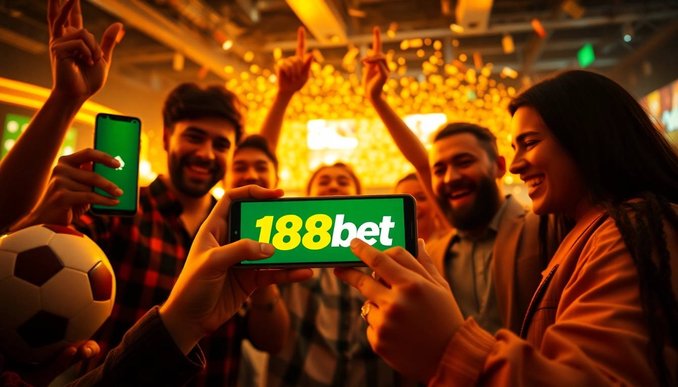Celebrate a winning moment with 188bet on smartphones in a vibrant betting environment.