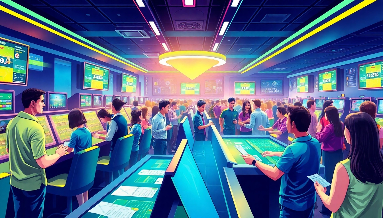 Experience the thrilling sports betting environment at https://bet88ez.com/ with excited visitors and bright casino lights.