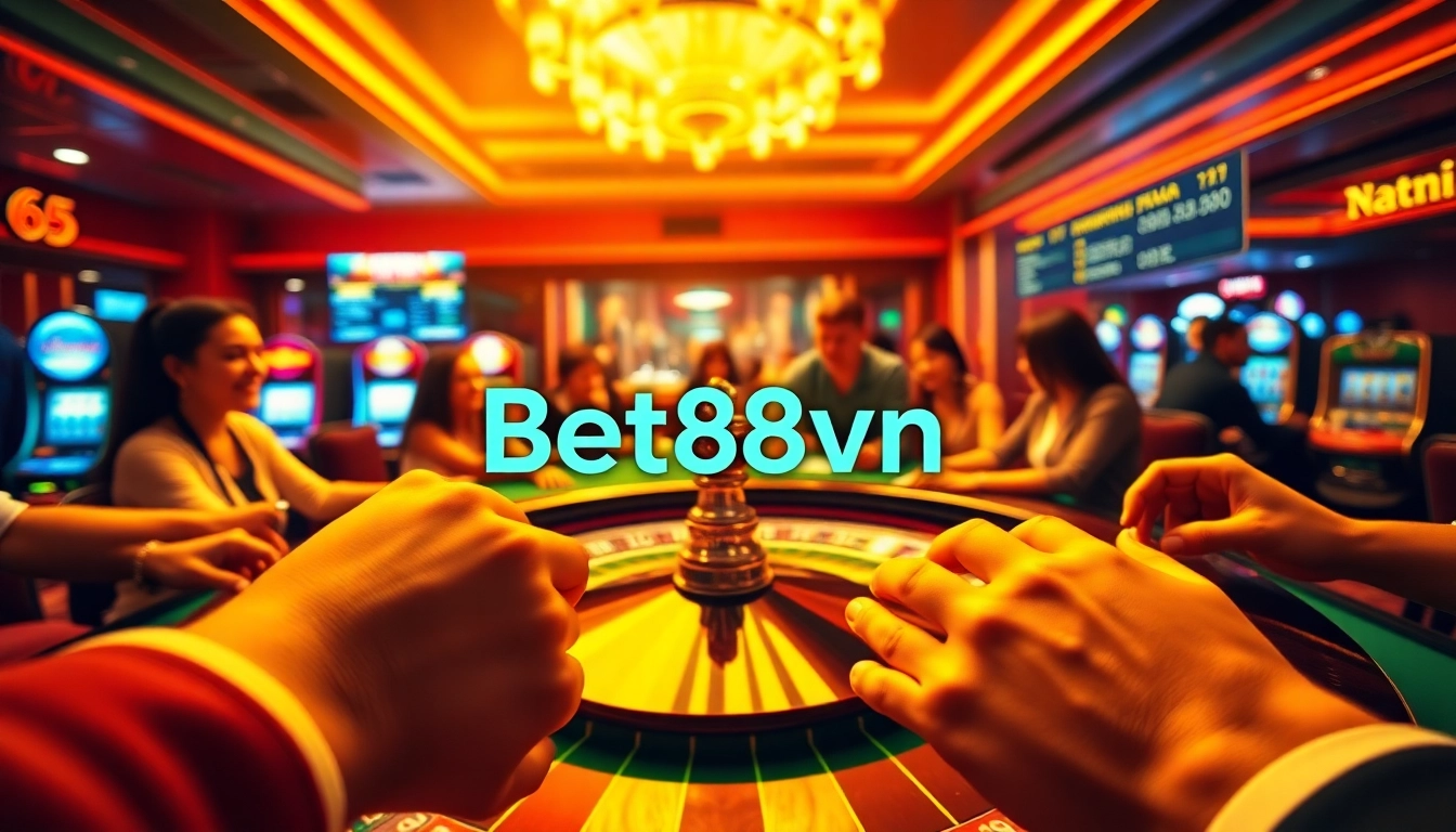 Bet88vn players eagerly place bets at a luxurious roulette table in an upscale casino.