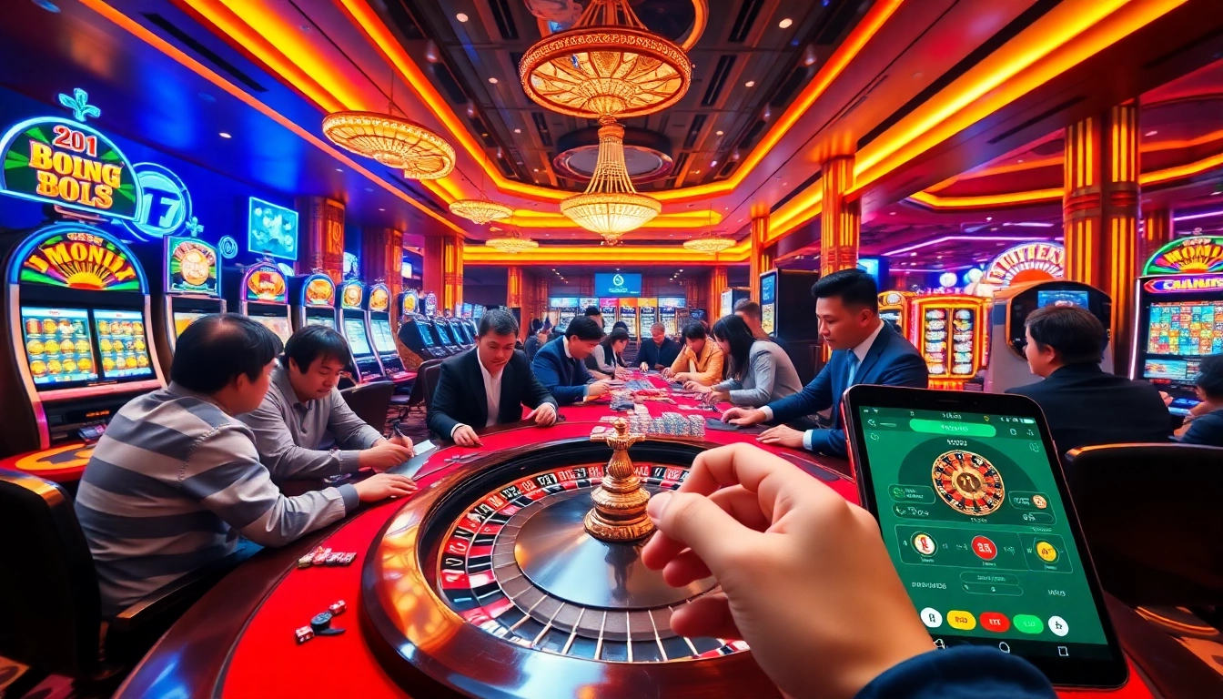 Players revel in the excitement of bong da lu fun at a lively casino table, surrounded by vibrant slot machines and roulette wheels.