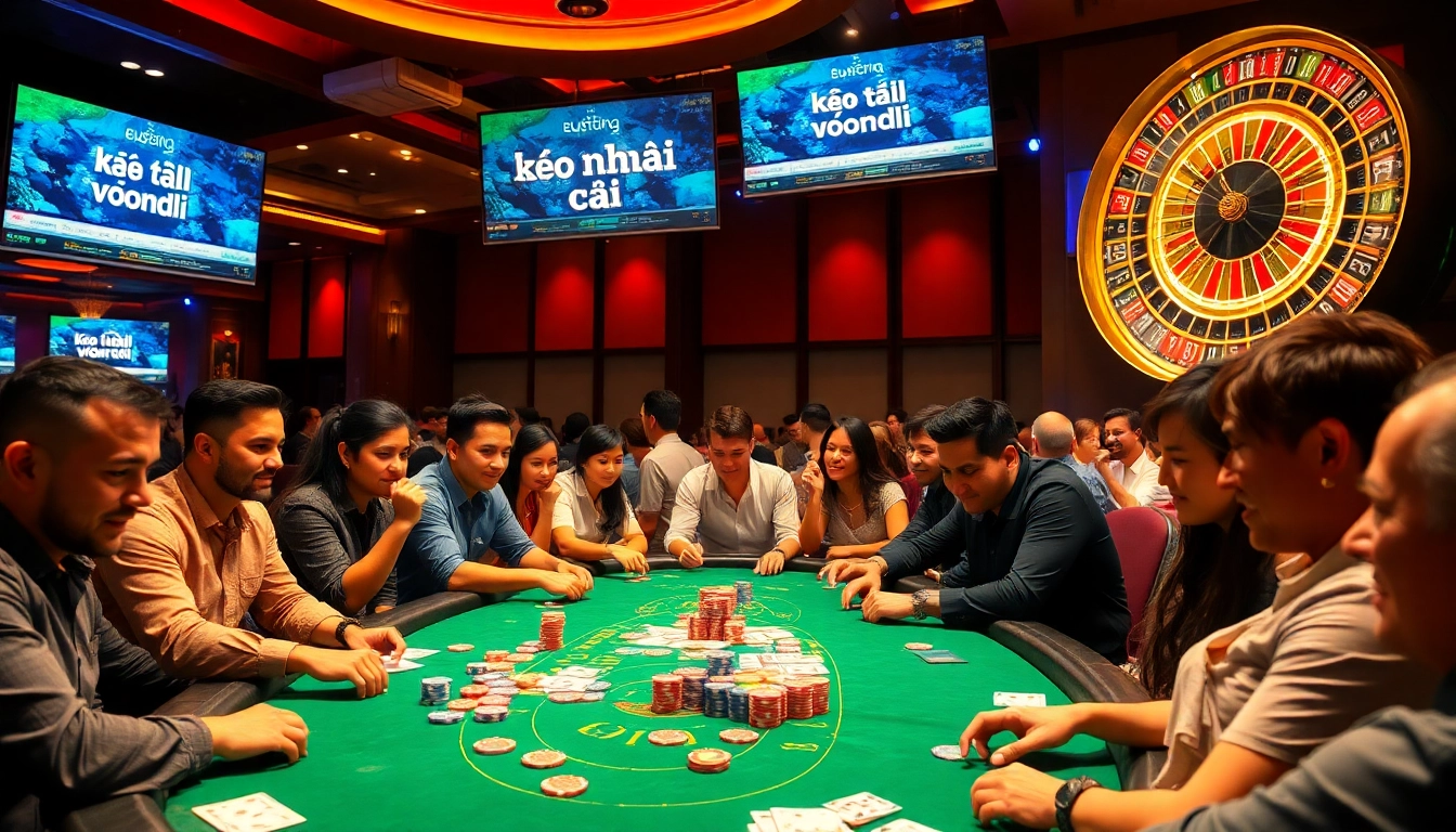 Kèo nhà cái showcased on a vibrant poker table, players enjoying high-stakes action.