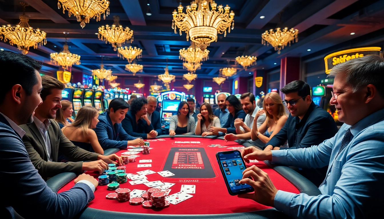 Engaged players at a poker table in a vibrant casino scene, excited to explore https://thabetcom.dev/ for online betting opportunities.