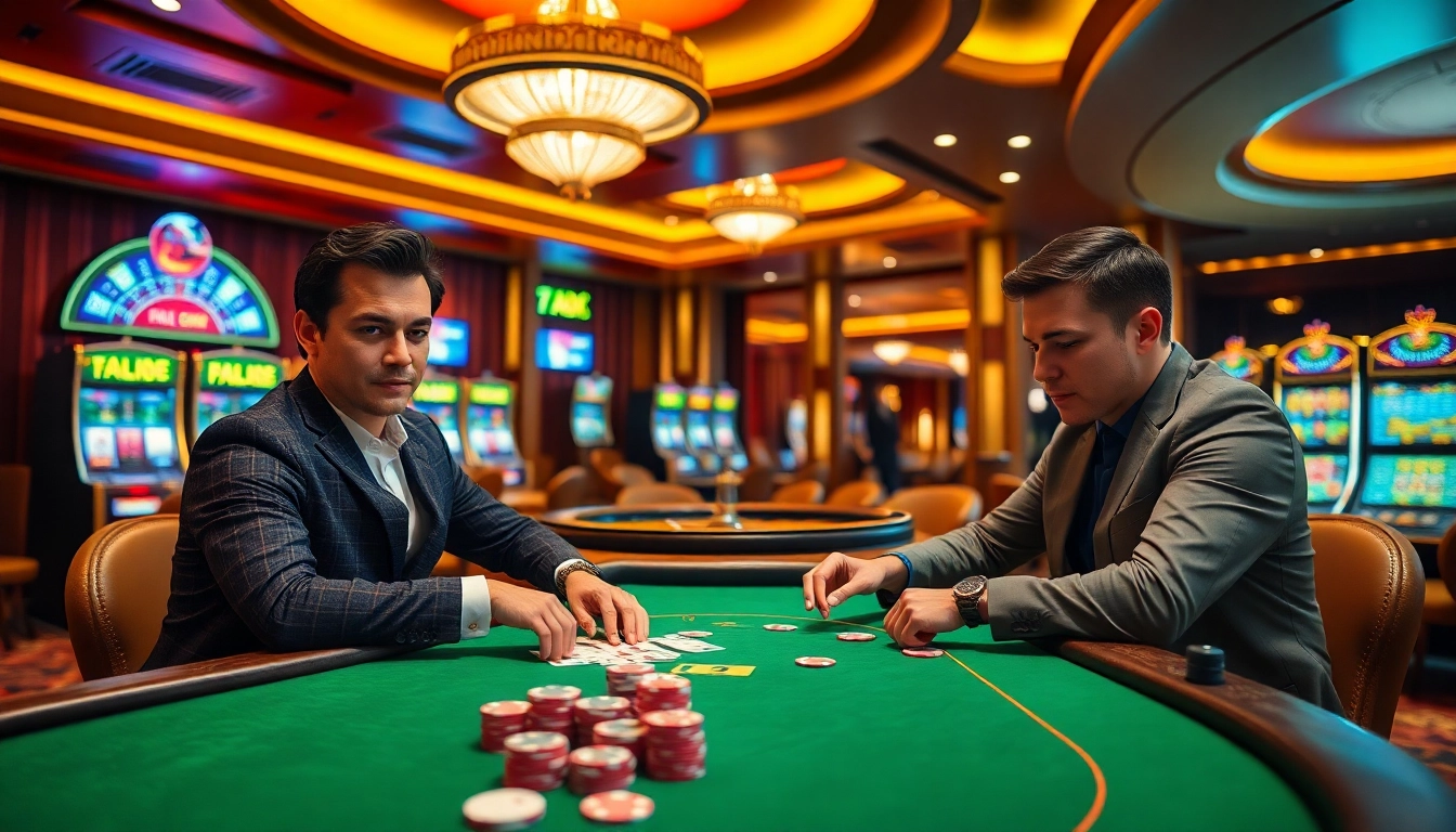 Join the action at HGO909 daftar for an exciting poker game with vibrant casino tables and roulette wheels.