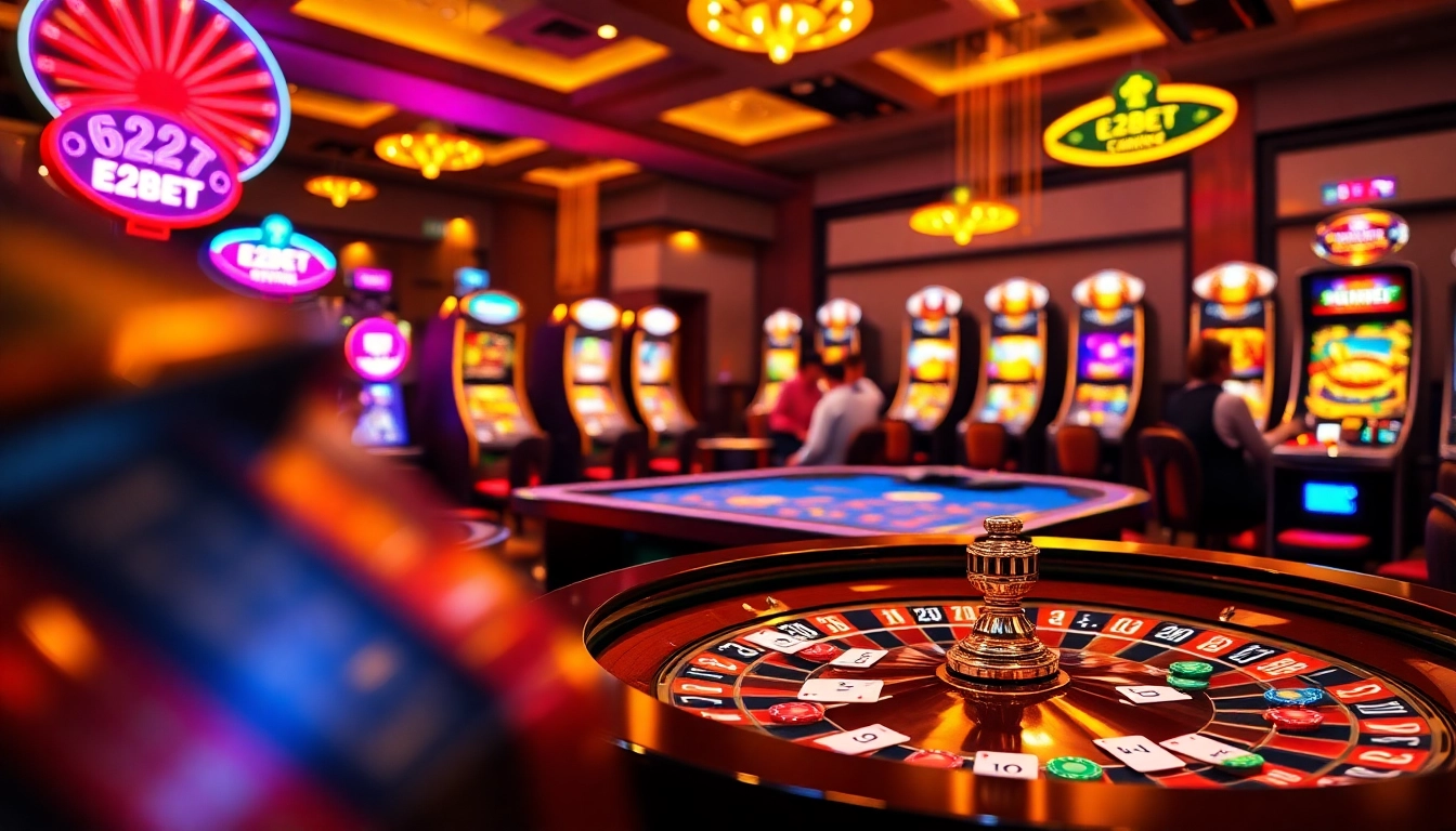 E2BET online casino scene featuring a roulette wheel, poker table, and slot machines, capturing the thrill of gambling.