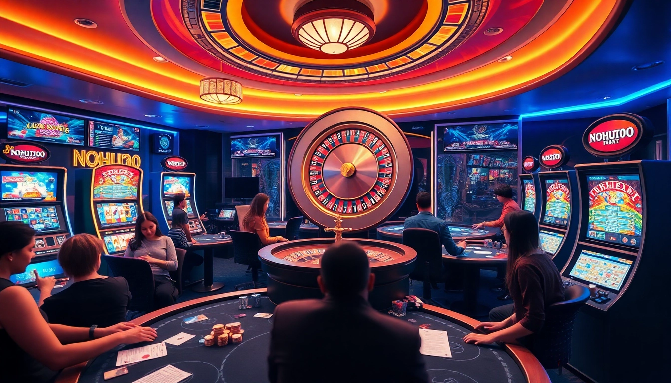 NOHU90 offers an exciting atmosphere as players enjoy roulette and slot machines in a sophisticated online casino setting.