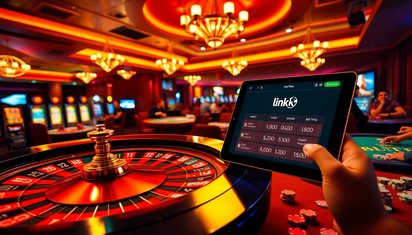 Link Debet displayed on an interactive tablet at a vibrant casino, showcasing live betting and roulette.