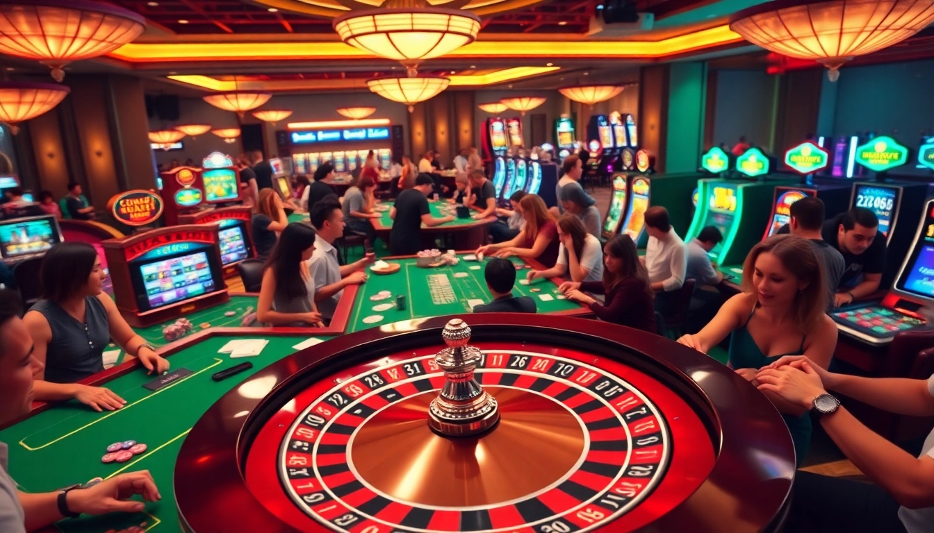 Experience the excitement of trang nhà cái uy tín as players gather around a vibrant roulette wheel in a bustling casino.