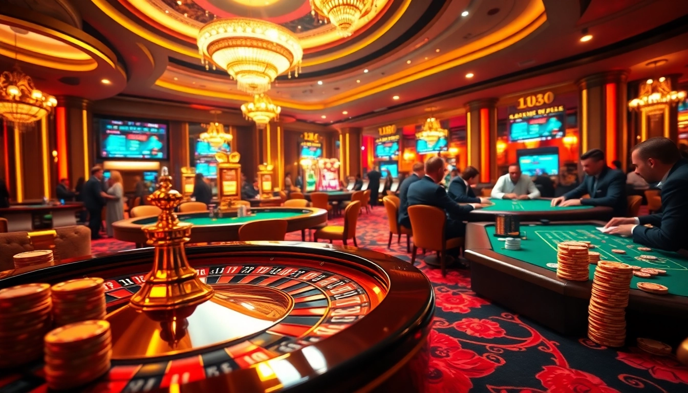 Explore f168.run at a vibrant casino scene with engaging roulette and blackjack tables, evoking a thrilling gambling atmosphere.