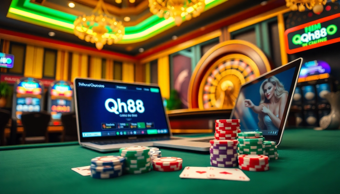 A thrilling gaming table featuring nhà cái qh88 cards and colorful poker chips, depicting the excitement of online gambling.