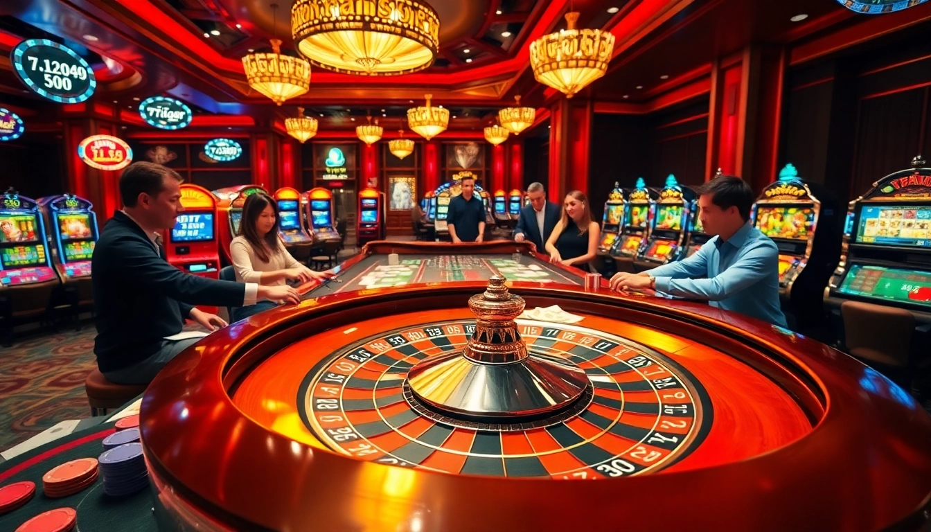 A lively casino scene showcasing players at the nhà cái kubet table placing bets with vibrant chips and cards during an exciting game.