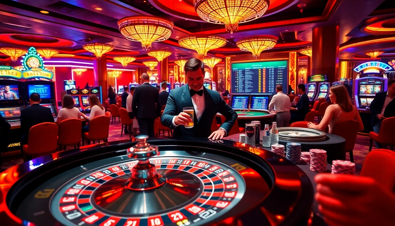 Experience bong da lu fun with vibrant casino action, featuring roulette and dynamic players enjoying card games.