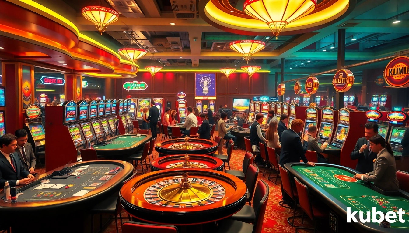 Kubet casino features an electrifying atmosphere with players at tables enjoying poker and blackjack under stunning lighting.