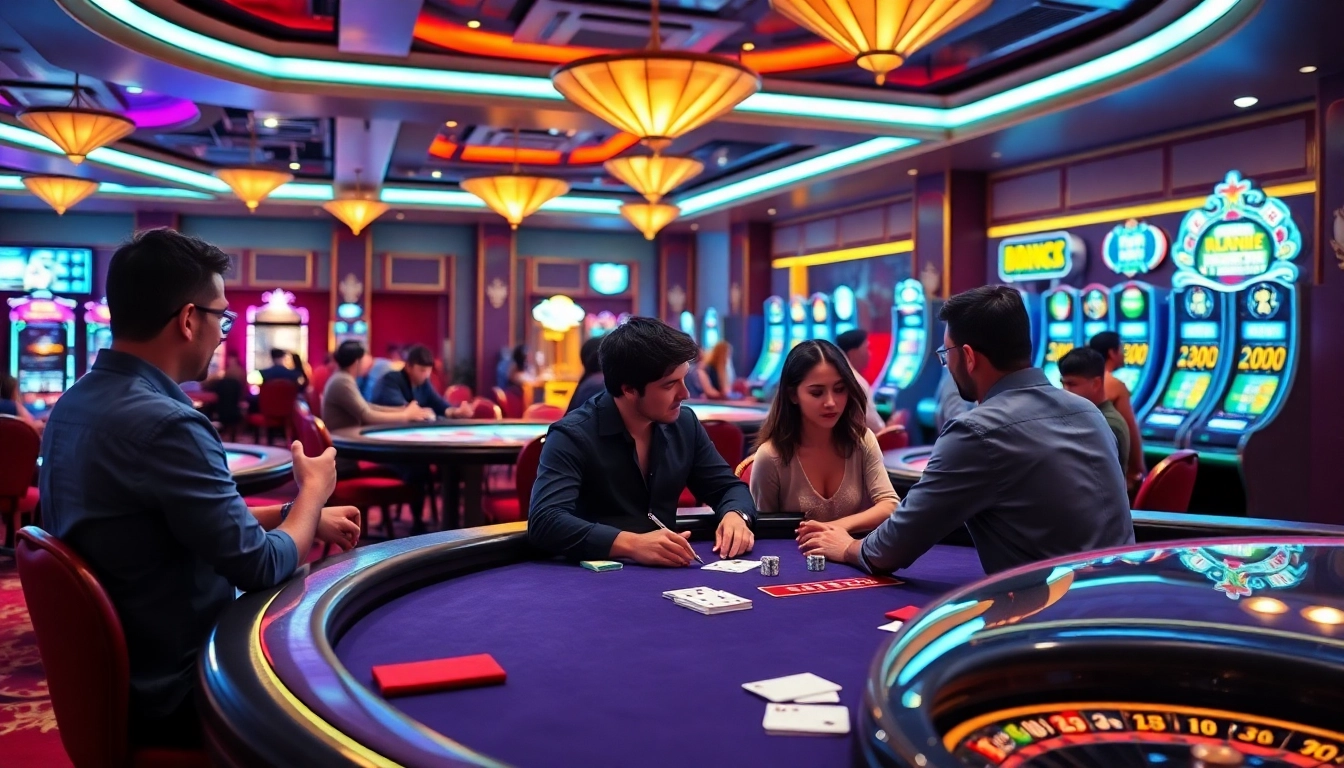 Experience the thrill of bj88 com with players engaging at a luxurious poker table in a vibrant casino atmosphere.