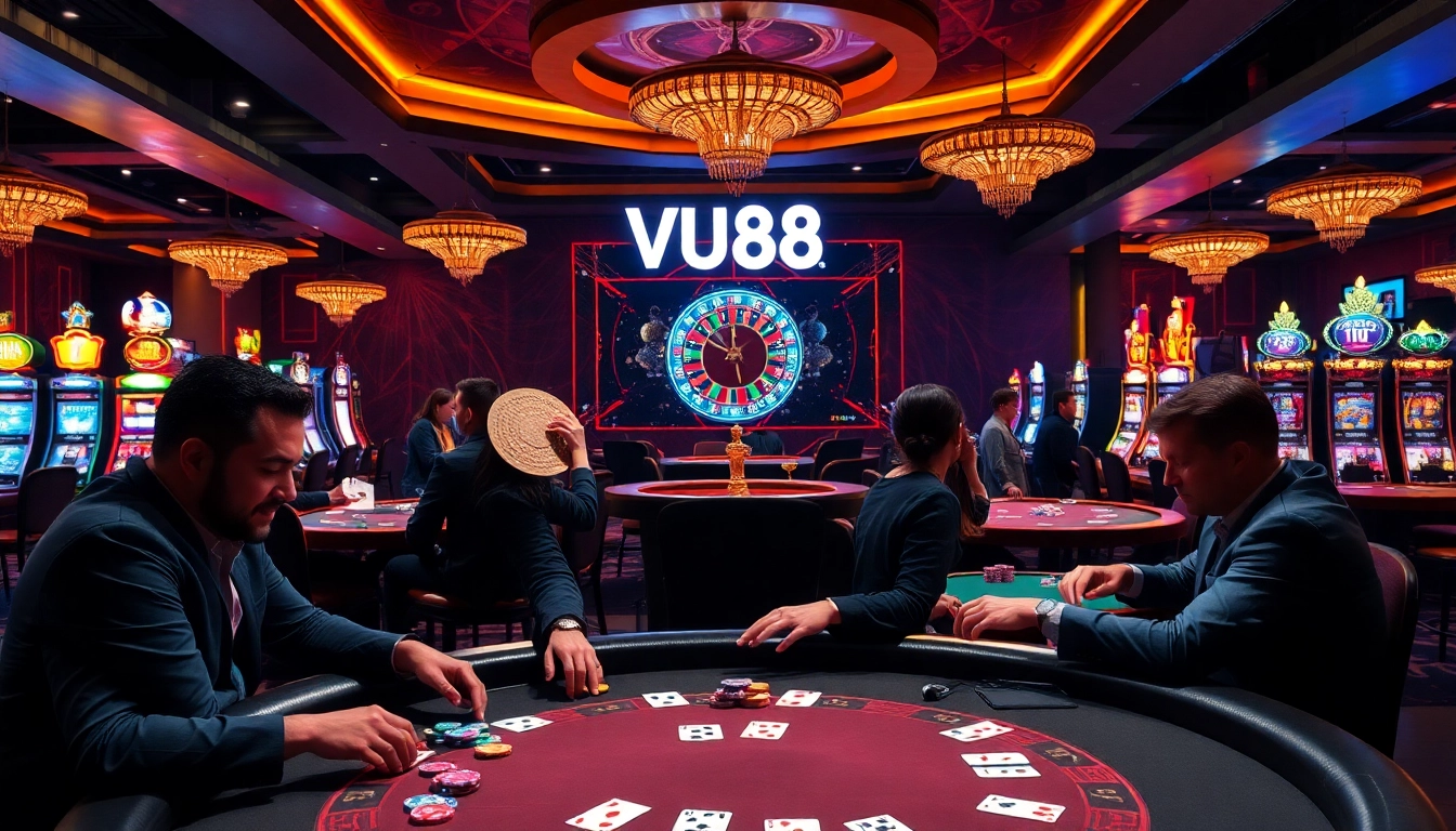 VU88 players strategically betting at a vibrant poker table with poker chips, capturing the essence of casino excitement.