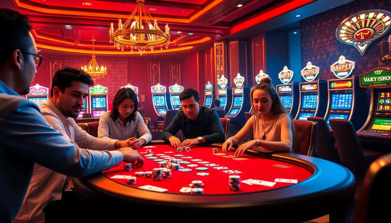 Experience the gameplay at casino v9bet with an exciting poker table and vibrant casino atmosphere.