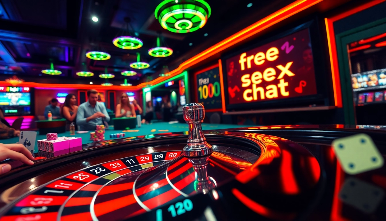 Players enjoy thrilling bets at a vibrant casino with a roulette wheel, complemented by a screen showcasing free ai sex chat.