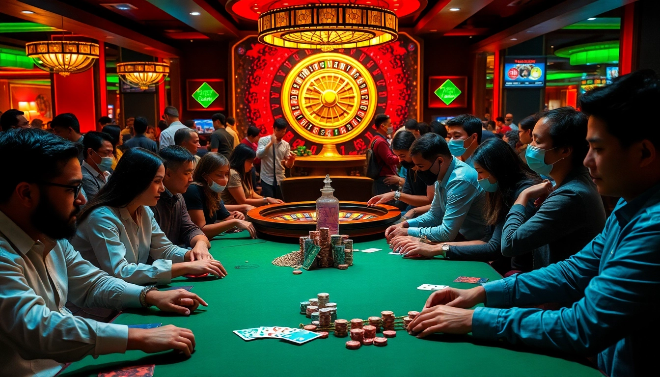 Experience the thrill of gambling at f168.fit, showcasing players enjoying poker and roulette in a vibrant casino setting.