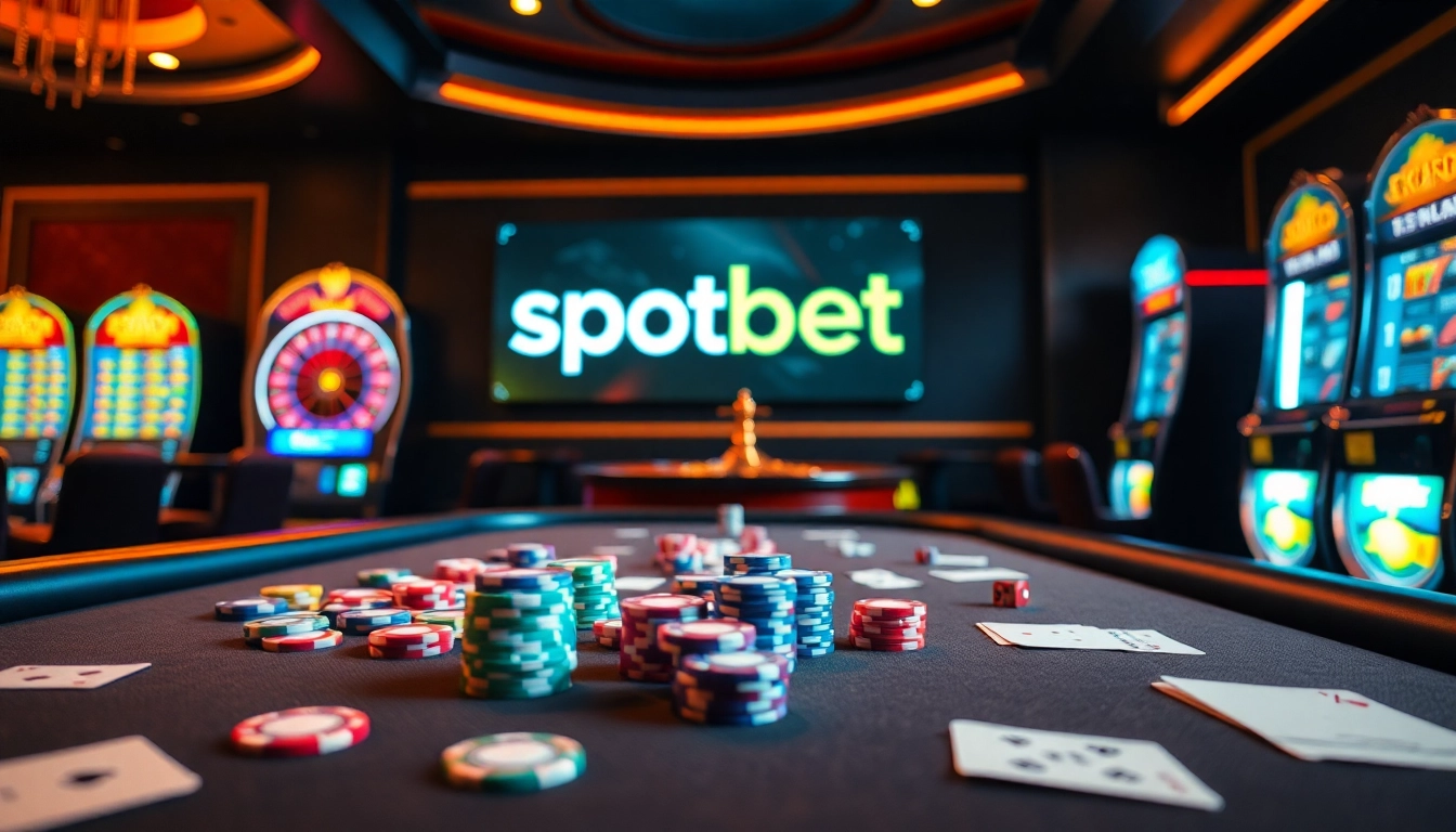 Spotbet gaming scene showcasing a vibrant poker table with chips, cards, and a roulette wheel, highlighting excitement and strategy.