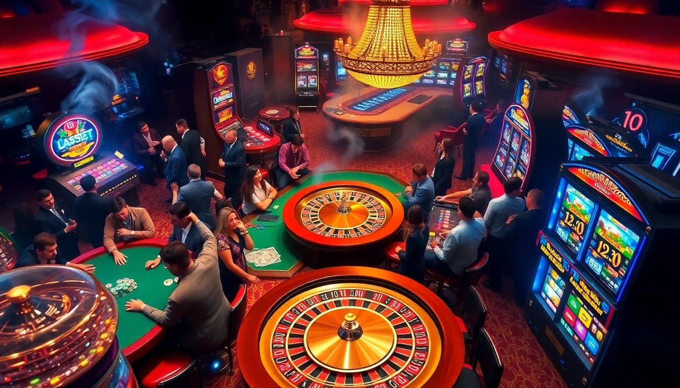 Experience the thrill of casino gambling at https://thabetcom.dev/ with players engaging at a lively poker table surrounded by vibrant slot machines.