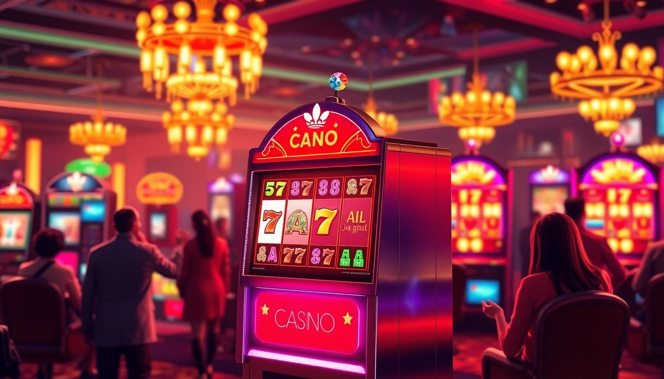 Engage with a dynamic 'Slot Gacor' online casino experience, featuring a vibrant slot machine surrounded by excited players.