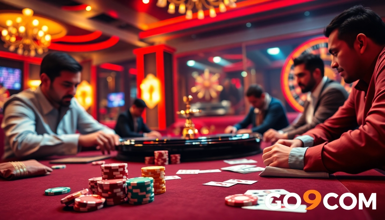 Experience the thrill of gambling at GO99COM with an exciting poker game setup showcasing colorful chips and cards.